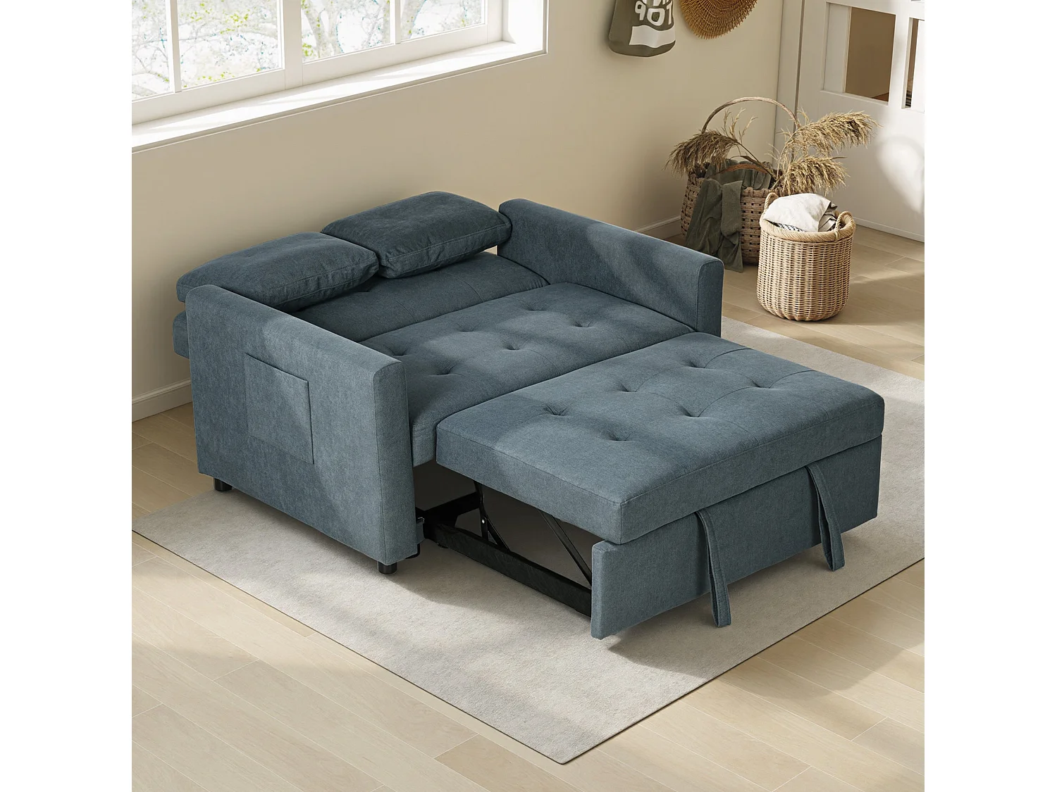 Matano Maso Charcoal Grey 2 Seater Sofa Bed with Side Pockets and Cushions