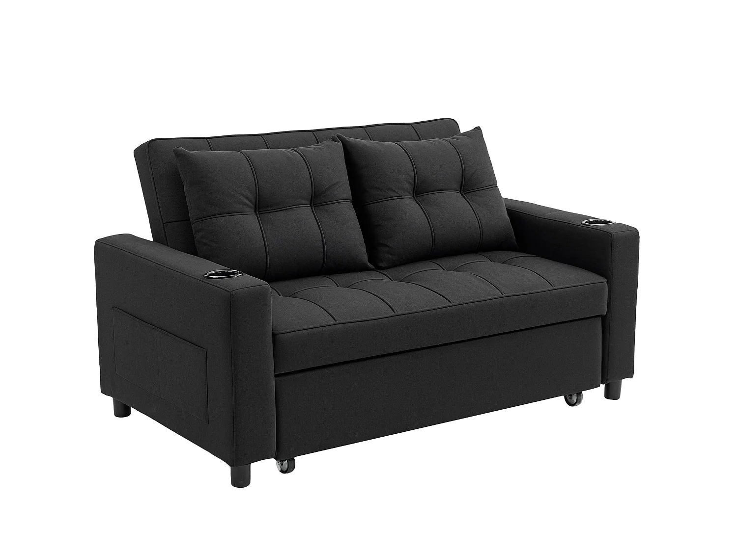 Kanovi Black 2 Seater Pull Out Sofa Bed Linen Look 3 Position Backrest