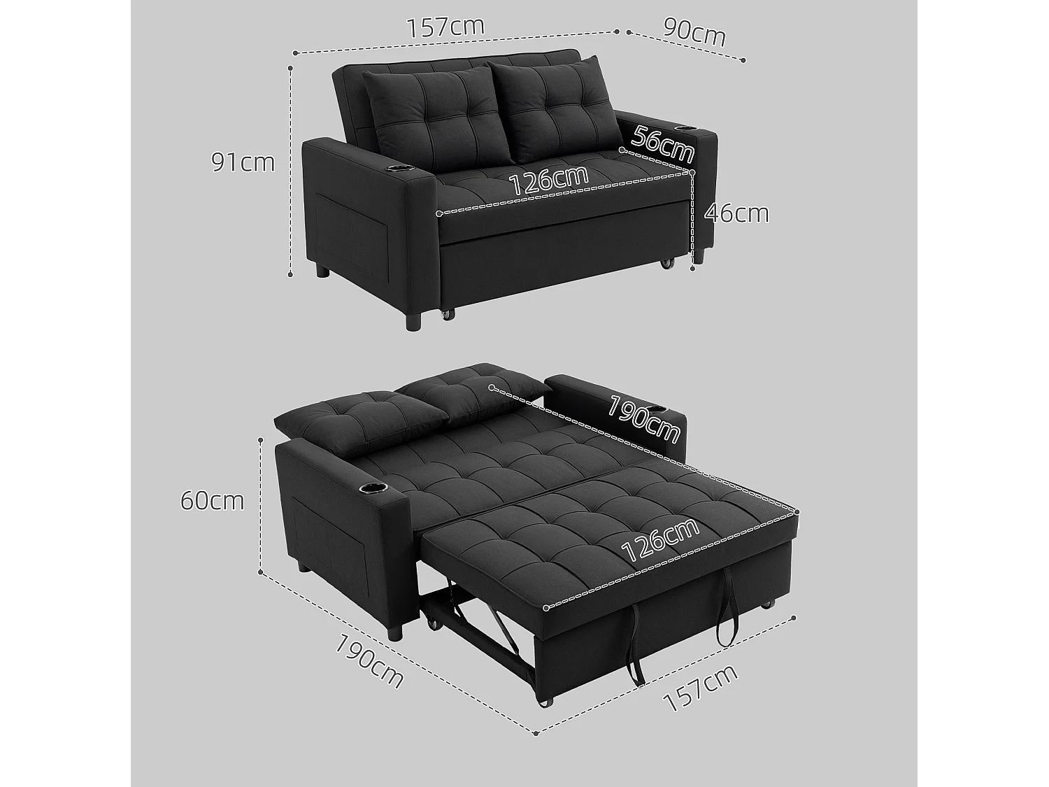 Kanovi Black 2 Seater Pull Out Sofa Bed Linen Look 3 Position Backrest