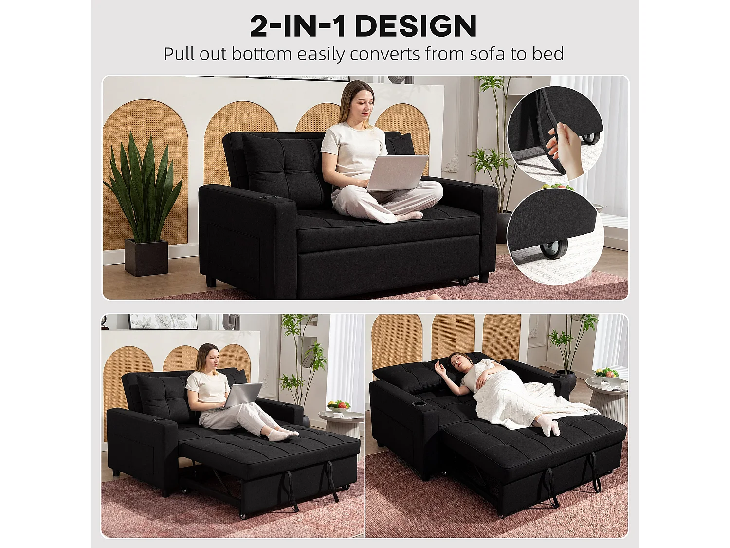 Kanovi Black 2 Seater Pull Out Sofa Bed Linen Look 3 Position Backrest