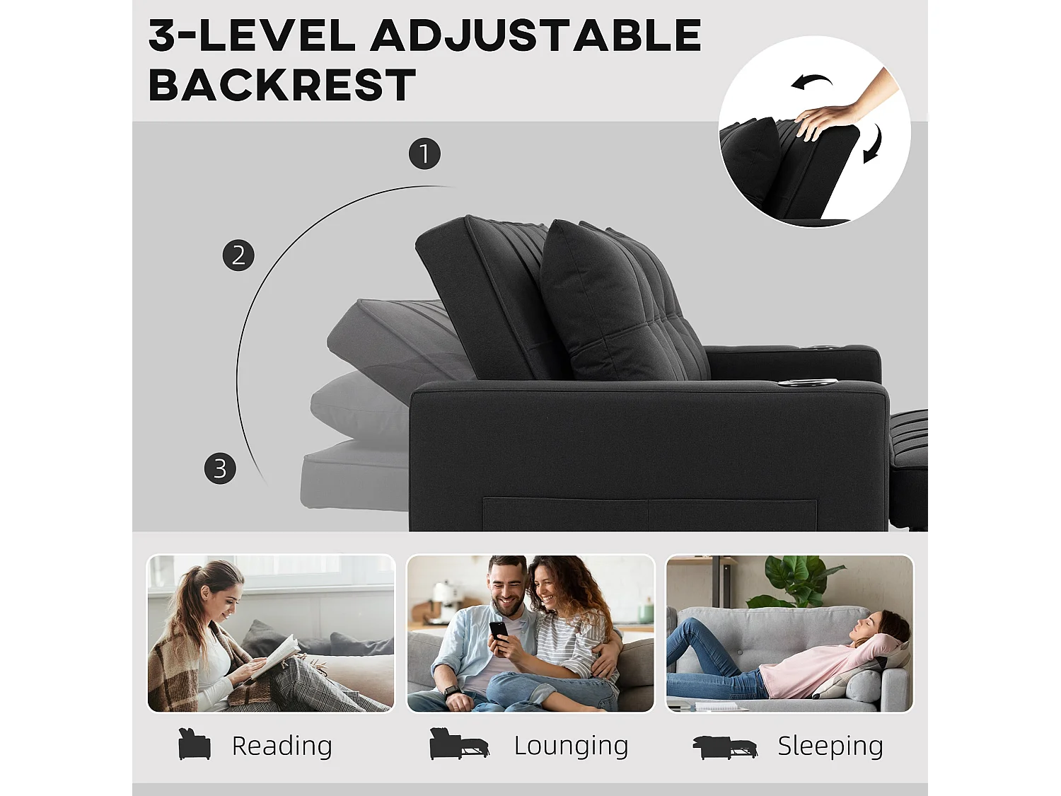 Kanovi Black 2 Seater Pull Out Sofa Bed Linen Look 3 Position Backrest