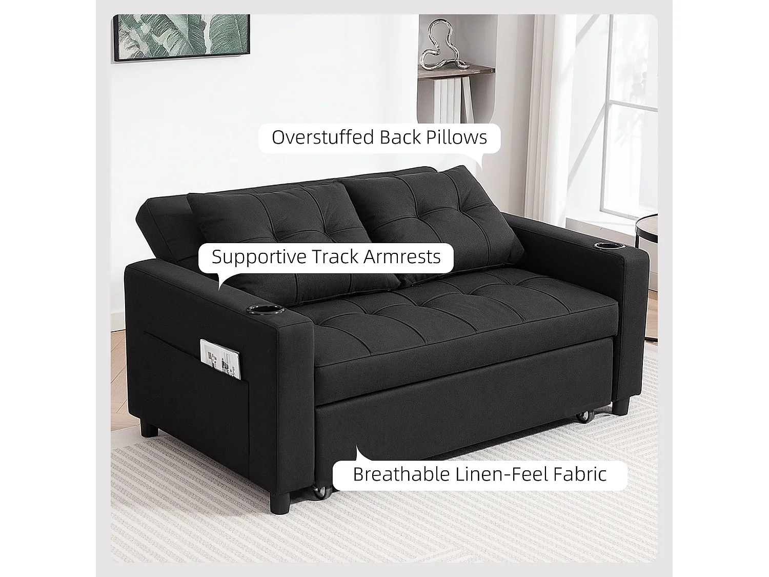 Kanovi Black 2 Seater Pull Out Sofa Bed Linen Look 3 Position Backrest