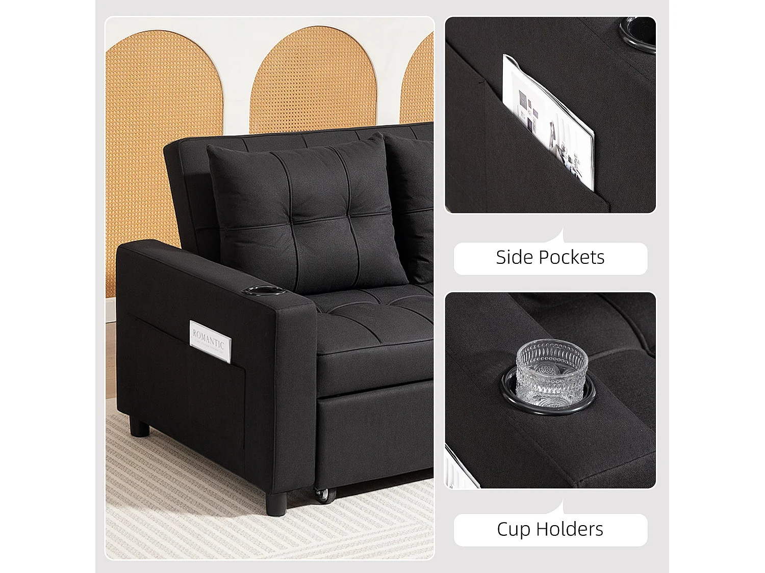Kanovi Black 2 Seater Pull Out Sofa Bed Linen Look 3 Position Backrest