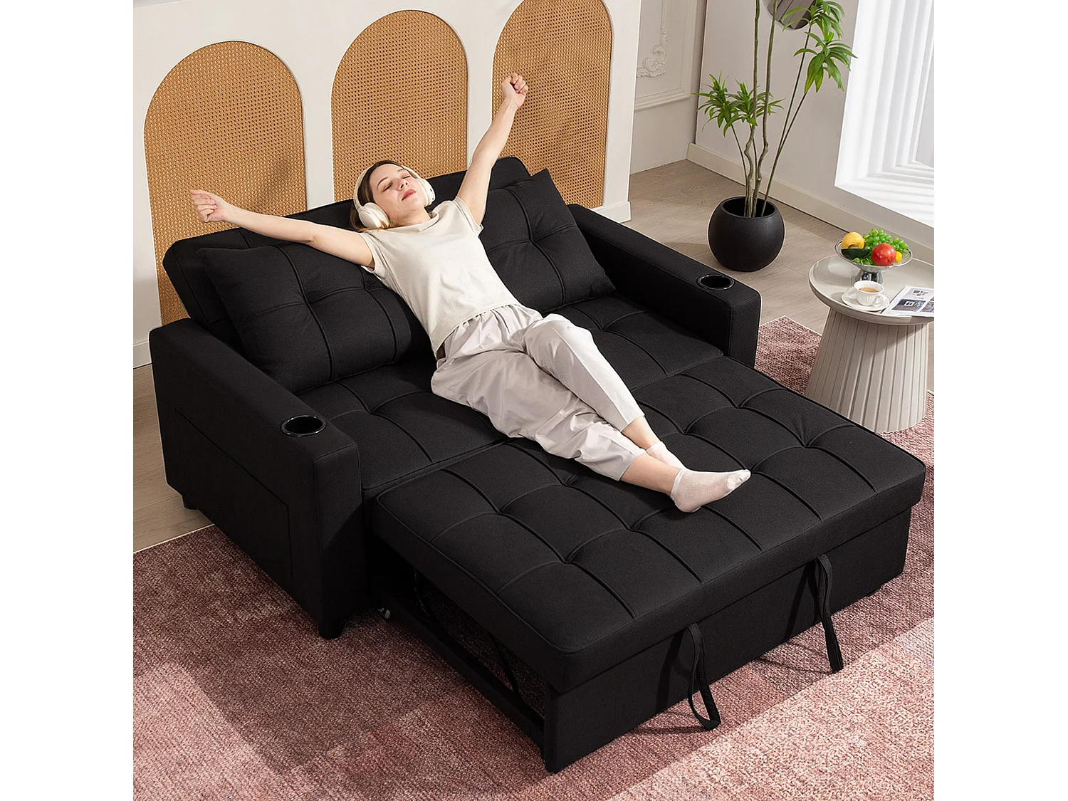 Kanovi Black 2 Seater Pull Out Sofa Bed Linen Look 3 Position Backrest