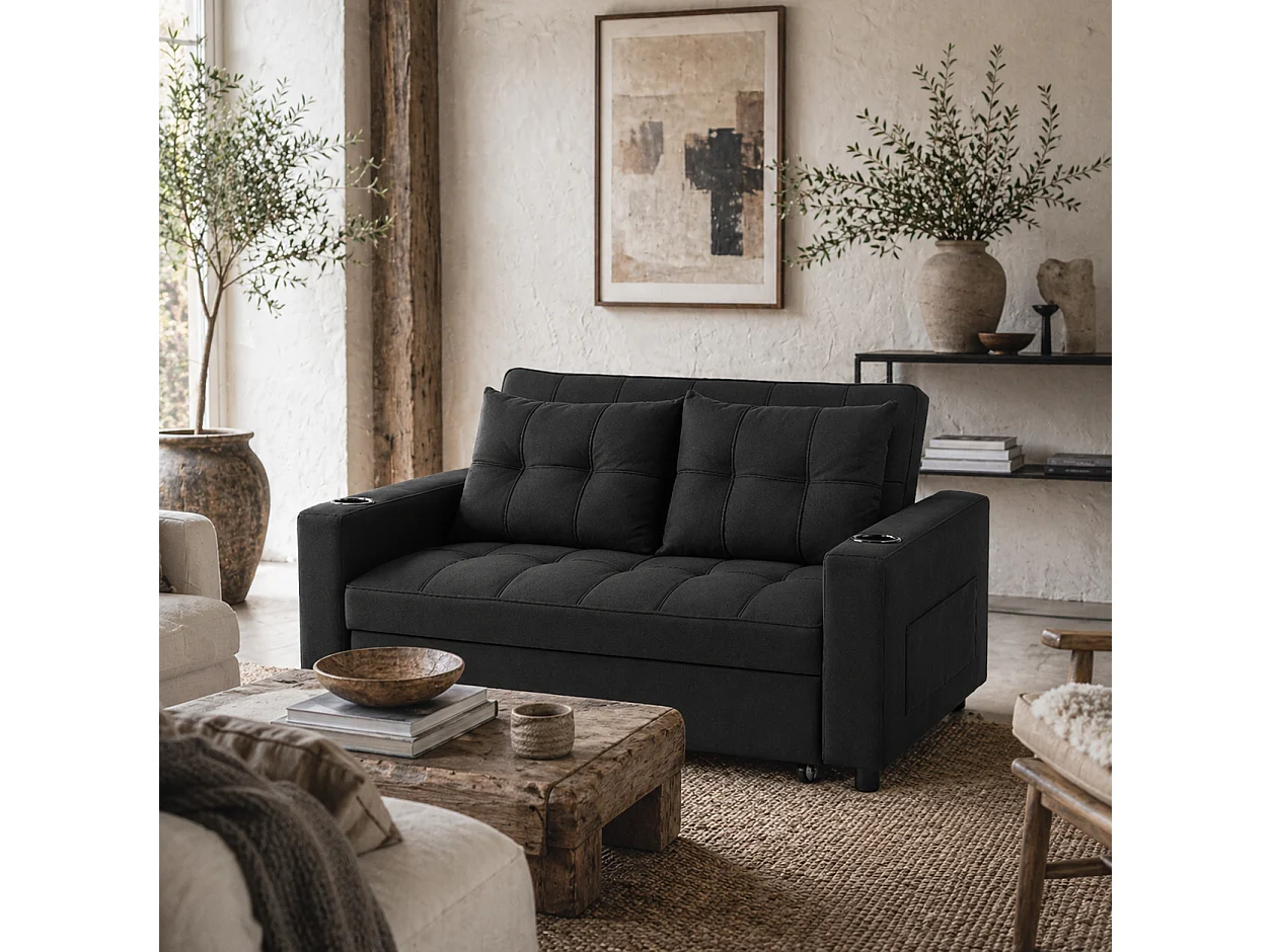 Kanovi Black 2 Seater Pull Out Sofa Bed Linen Look 3 Position Backrest