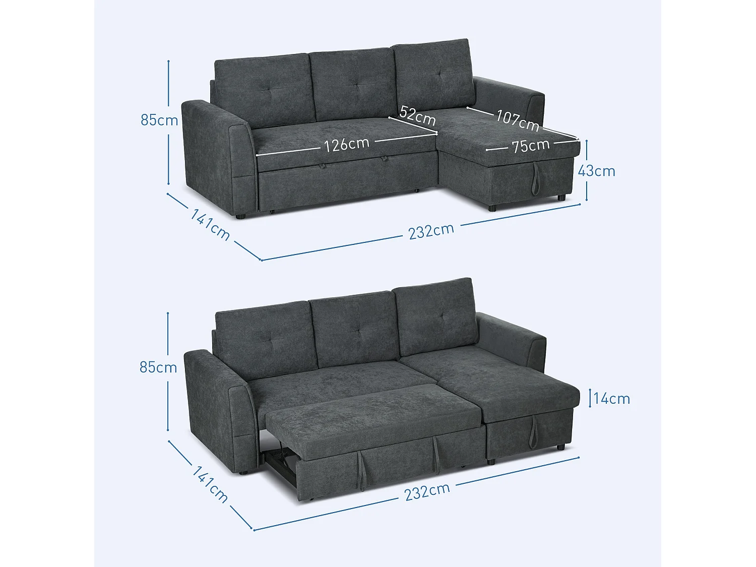 Moso 3 Seater Convertible Sofa Bed Dark Grey Reversible Chaise Hidden Storage