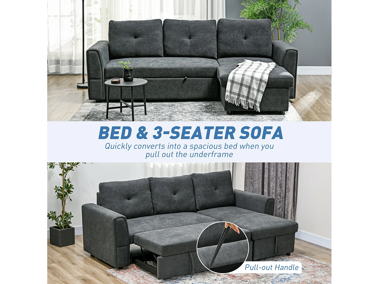 Moso 3 Seater Convertible Sofa Bed Dark Grey Reversible Chaise Hidden Storage