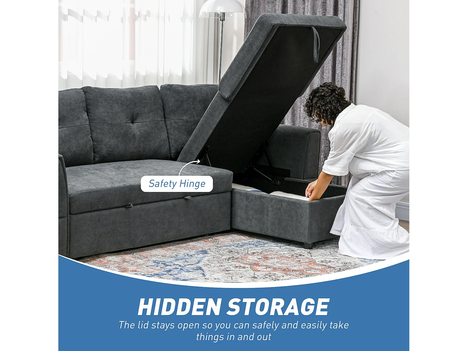 Moso 3 Seater Convertible Sofa Bed Dark Grey Reversible Chaise Hidden Storage