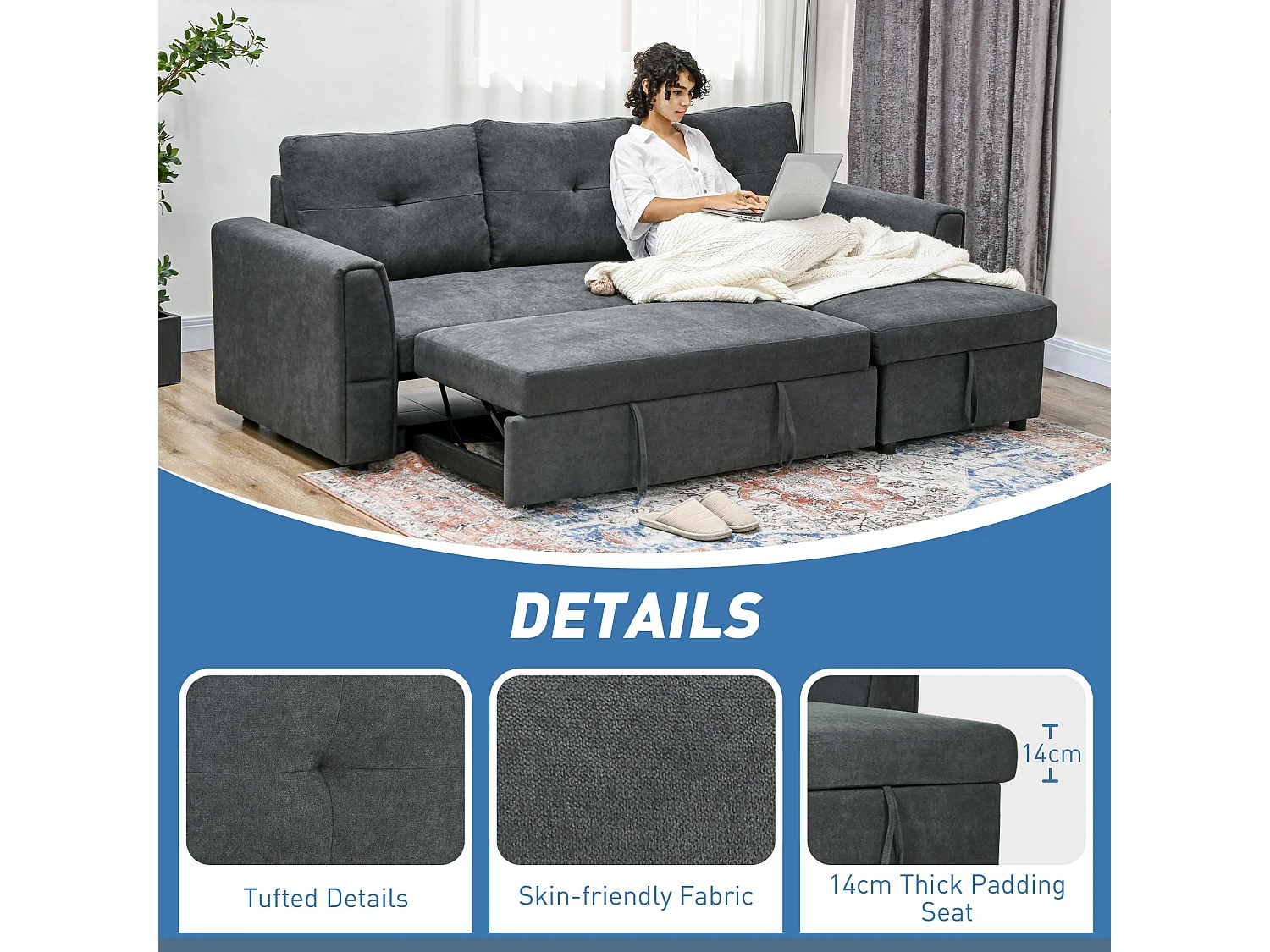 Moso 3 Seater Convertible Sofa Bed Dark Grey Reversible Chaise Hidden Storage