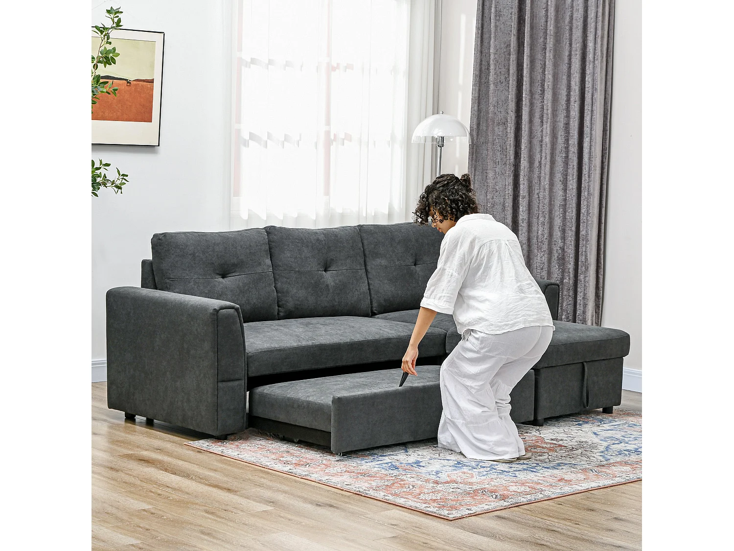 Moso 3 Seater Convertible Sofa Bed Dark Grey Reversible Chaise Hidden Storage