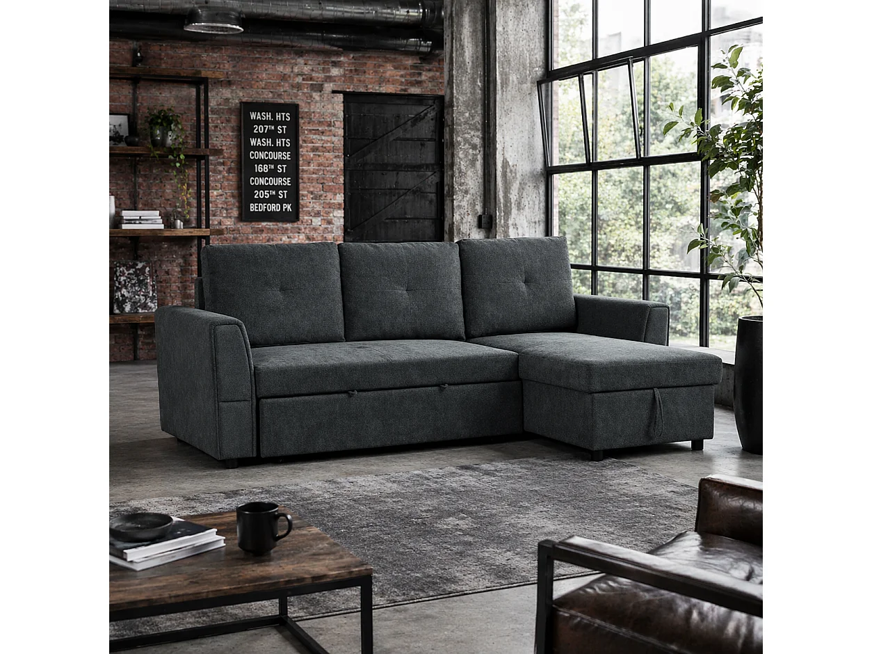 Moso 3 Seater Convertible Sofa Bed Dark Grey Reversible Chaise Hidden Storage