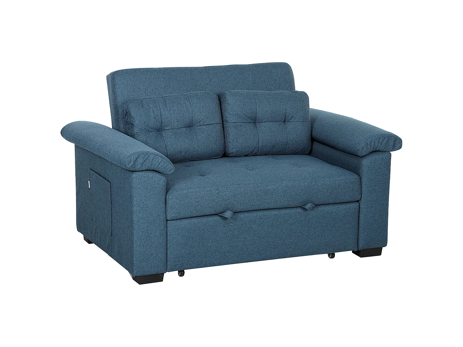 Nomo Cori 2 Seater Click Clack Sofa Bed Blue Linen Look Side Pockets Cushions