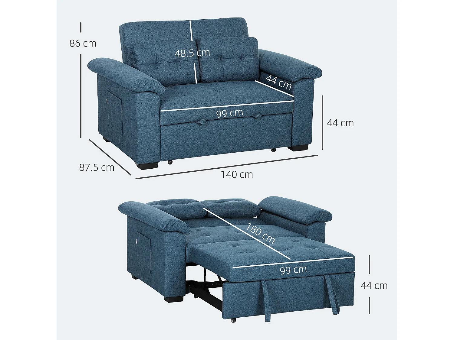 Nomo Cori 2 Seater Click Clack Sofa Bed Blue Linen Look Side Pockets Cushions