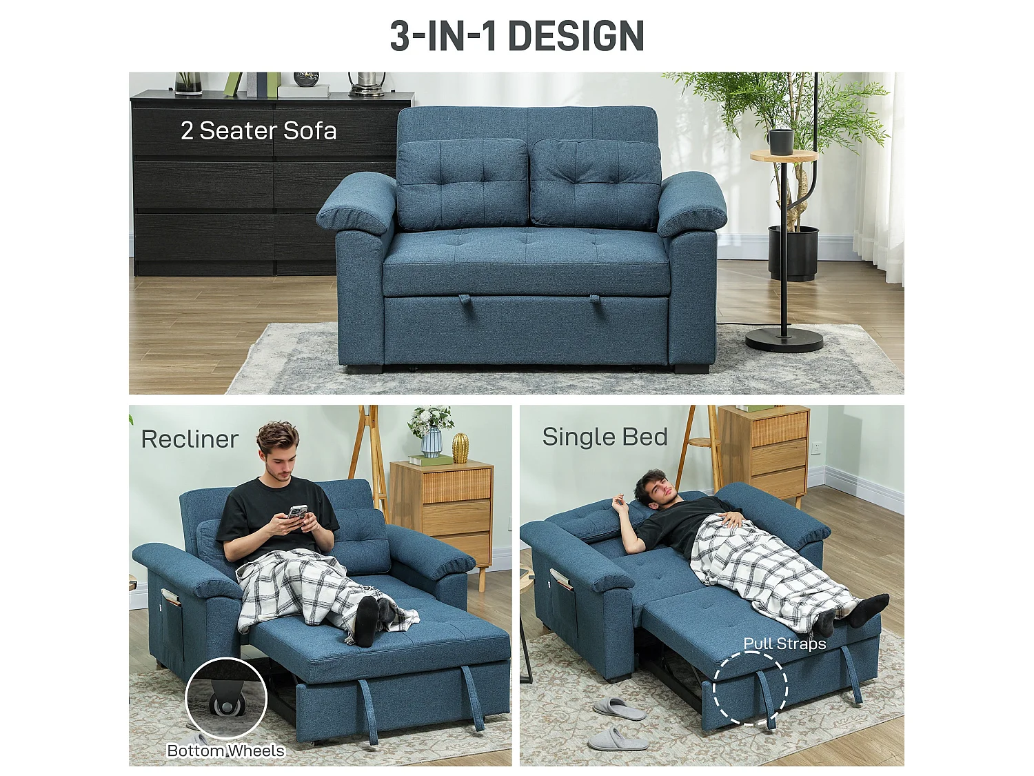 Nomo Cori 2 Seater Click Clack Sofa Bed Blue Linen Look Side Pockets Cushions