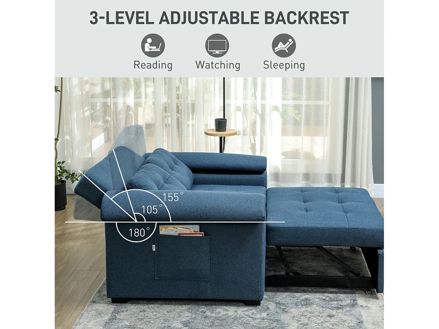 Nomo Cori 2 Seater Click Clack Sofa Bed Blue Linen Look Side Pockets Cushions