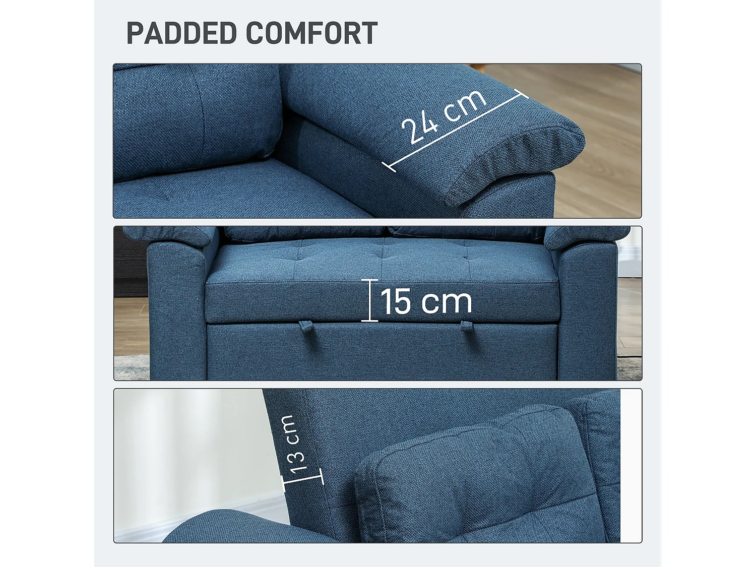 Nomo Cori 2 Seater Click Clack Sofa Bed Blue Linen Look Side Pockets Cushions