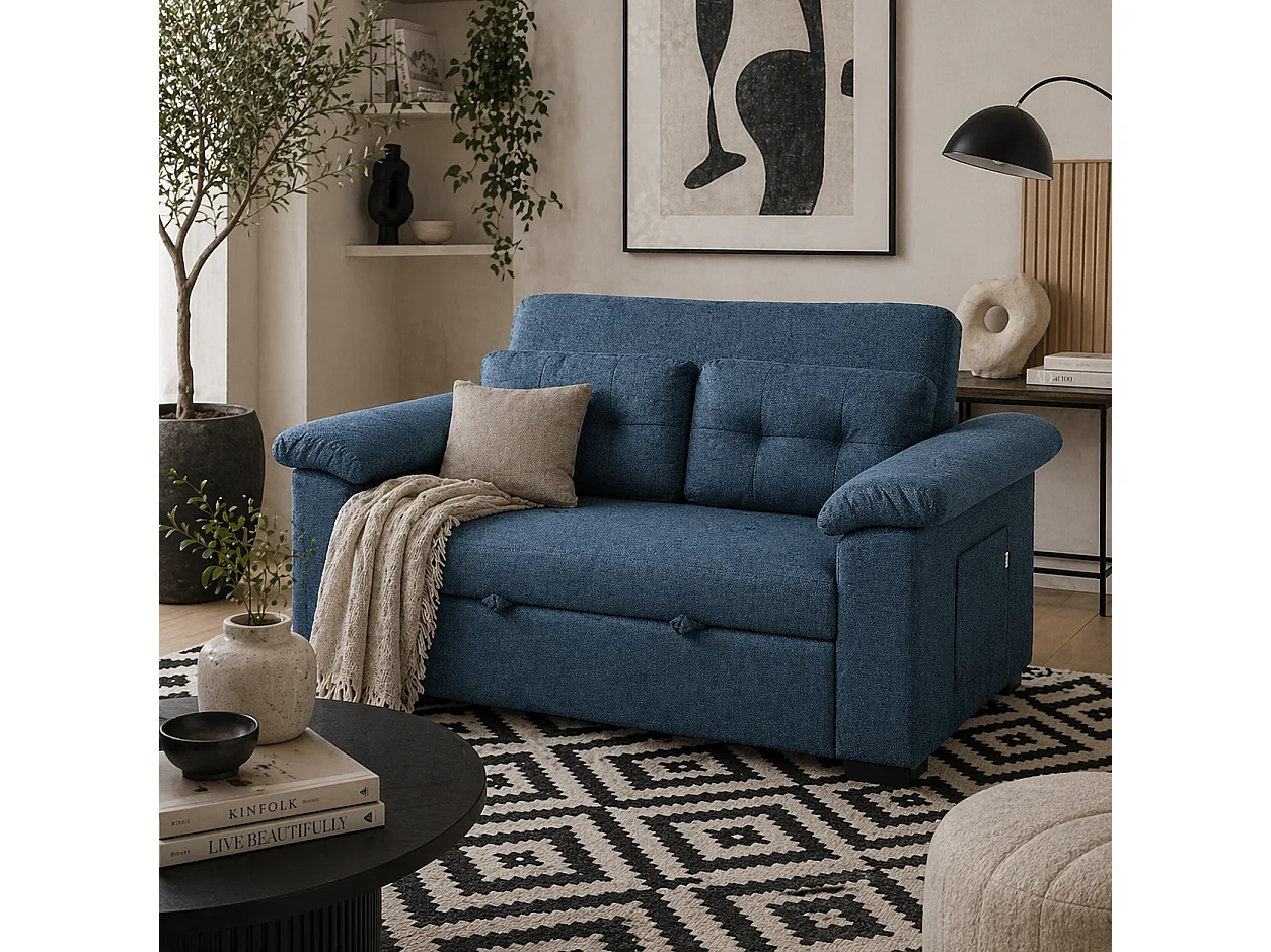 Nomo Cori 2 Seater Click Clack Sofa Bed Blue Linen Look Side Pockets Cushions