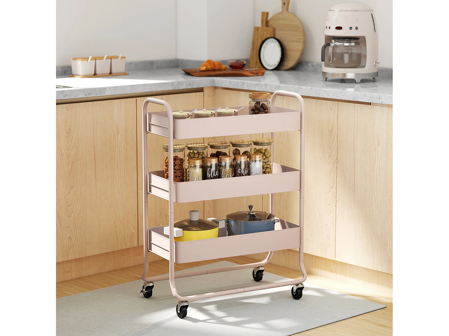Noluli Doha 3 Tier Light Pink Rolling Utility Trolley with Mesh Baskets