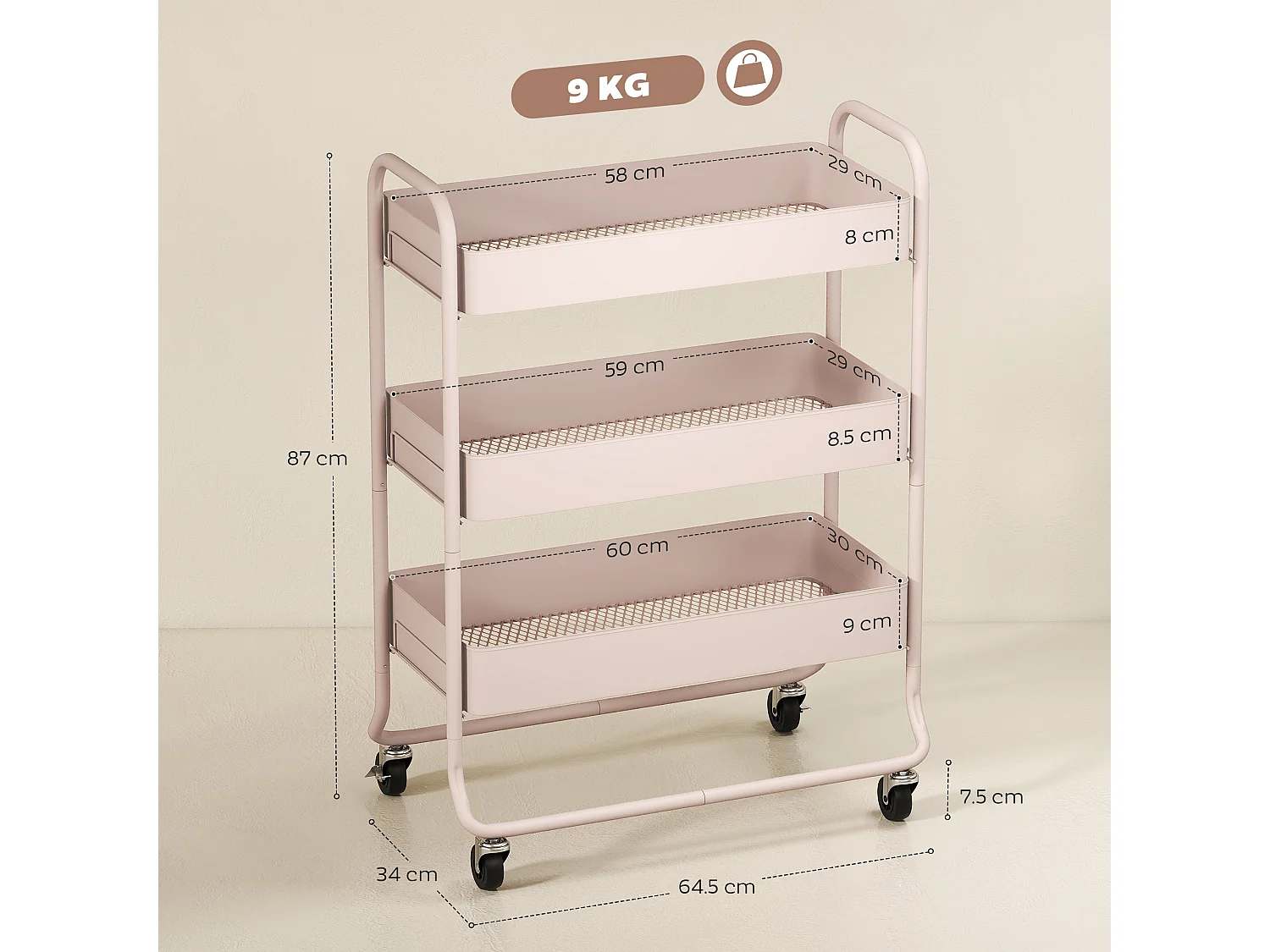 Noluli Doha 3 Tier Light Pink Rolling Utility Trolley with Mesh Baskets