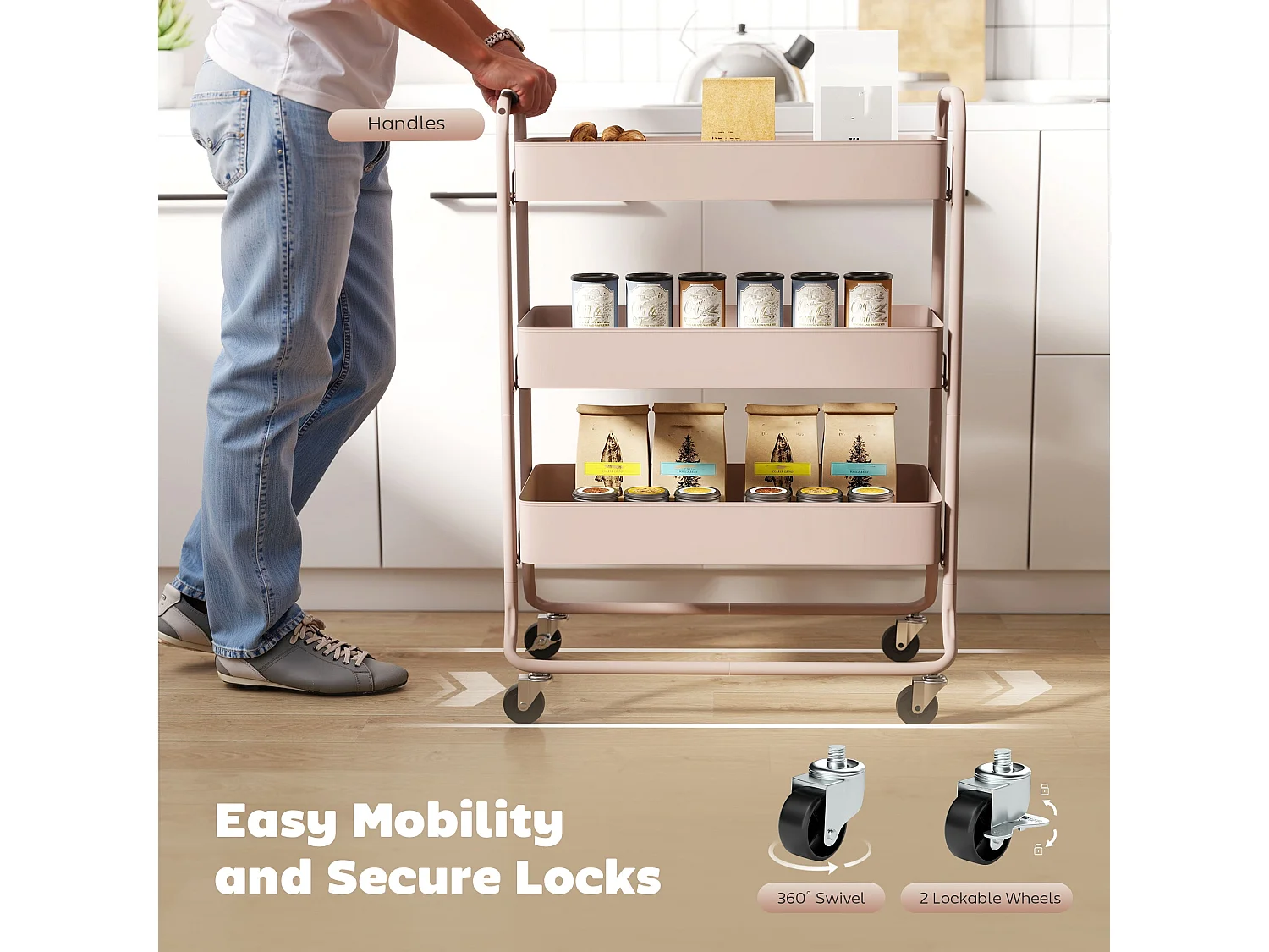 Noluli Doha 3 Tier Light Pink Rolling Utility Trolley with Mesh Baskets