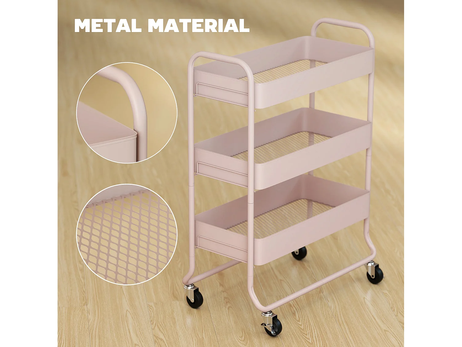 Noluli Doha 3 Tier Light Pink Rolling Utility Trolley with Mesh Baskets