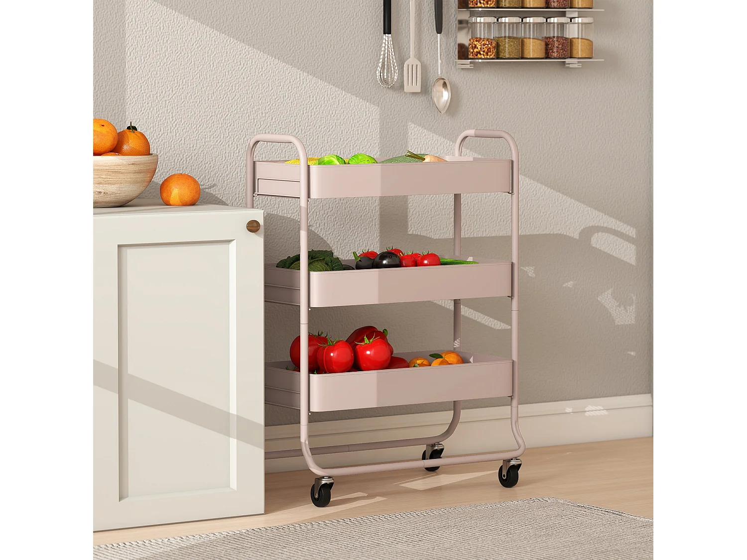 Noluli Doha 3 Tier Light Pink Rolling Utility Trolley with Mesh Baskets