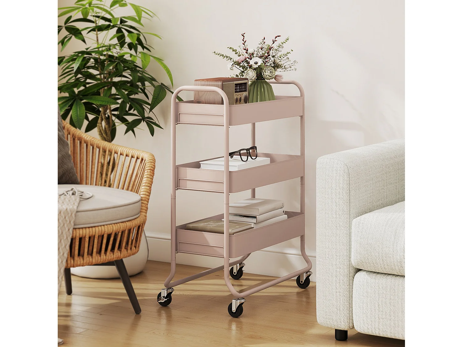 Noluli Doha 3 Tier Light Pink Rolling Utility Trolley with Mesh Baskets