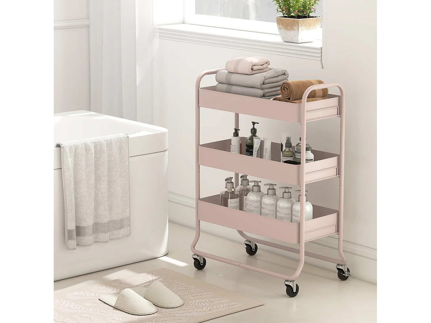 Noluli Doha 3 Tier Light Pink Rolling Utility Trolley with Mesh Baskets