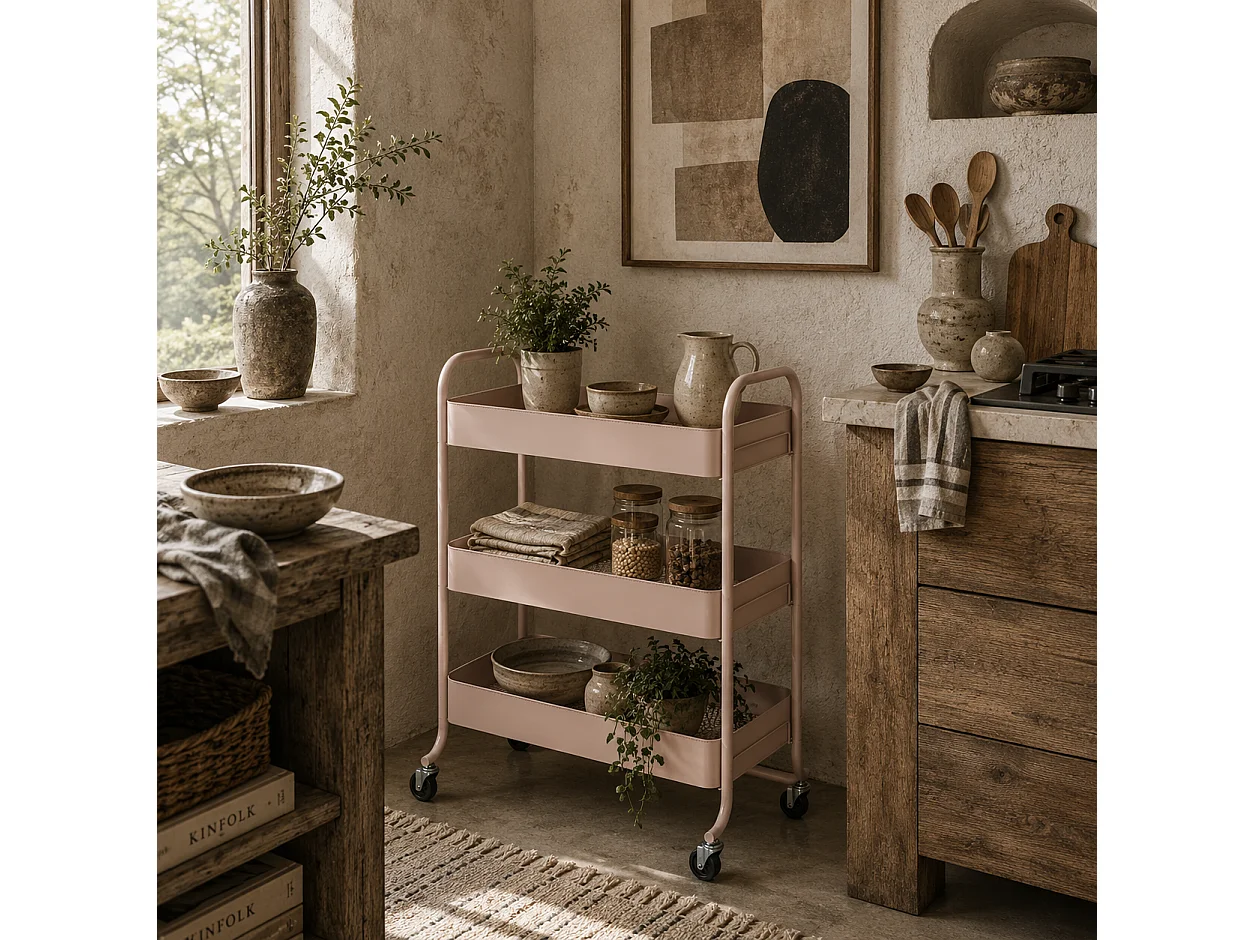 Noluli Doha 3 Tier Light Pink Rolling Utility Trolley with Mesh Baskets