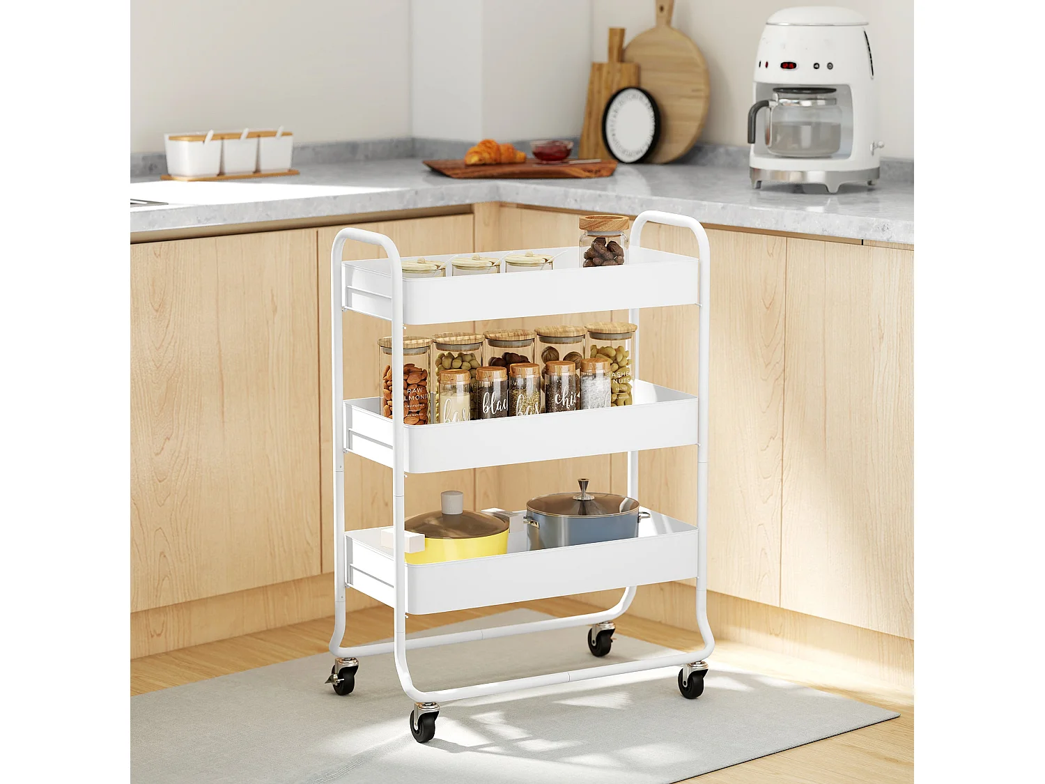 Saseta Sosa 3 Tier White Metal Rolling Utility Trolley with Mesh Baskets