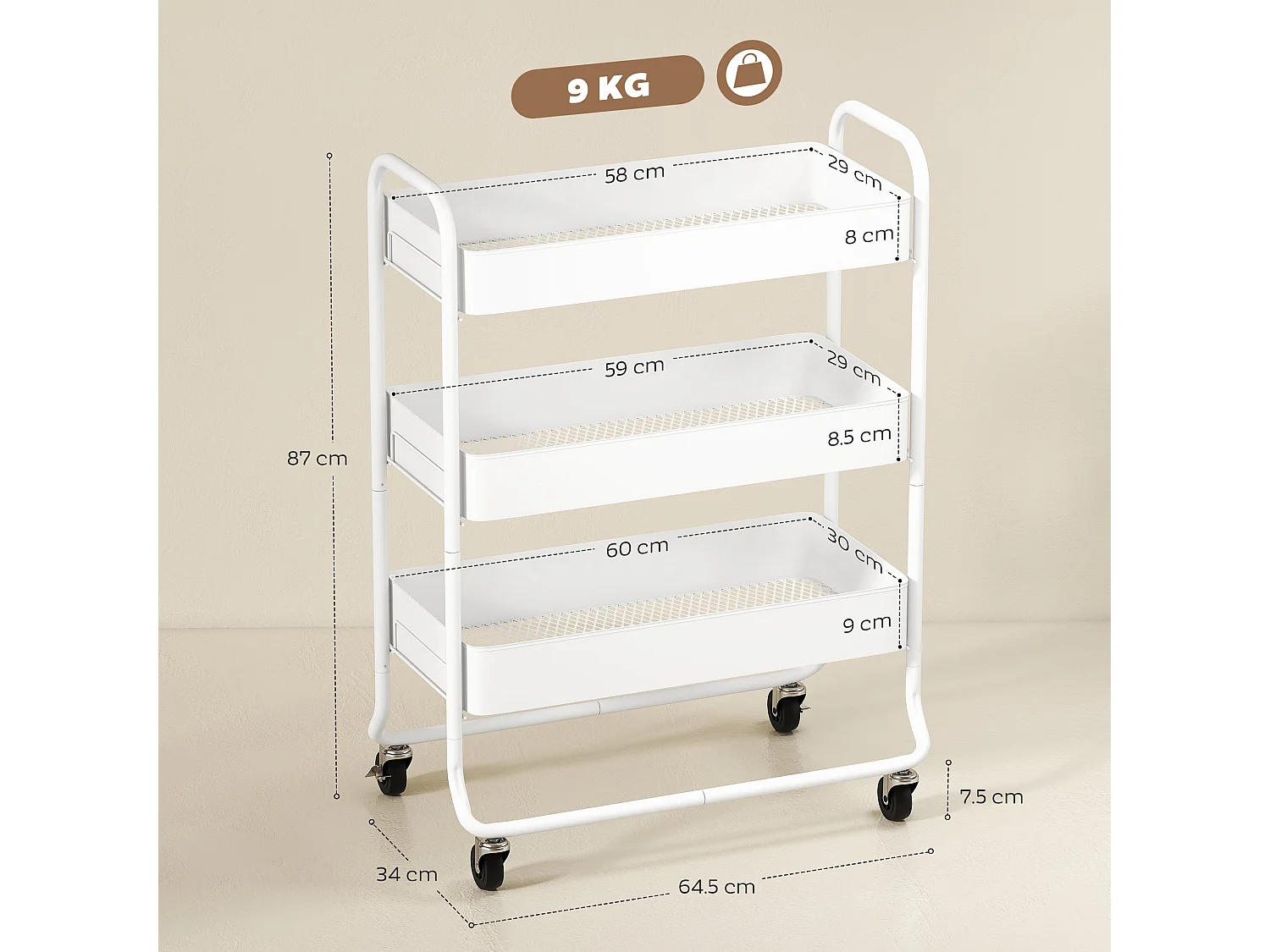 Saseta Sosa 3 Tier White Metal Rolling Utility Trolley with Mesh Baskets