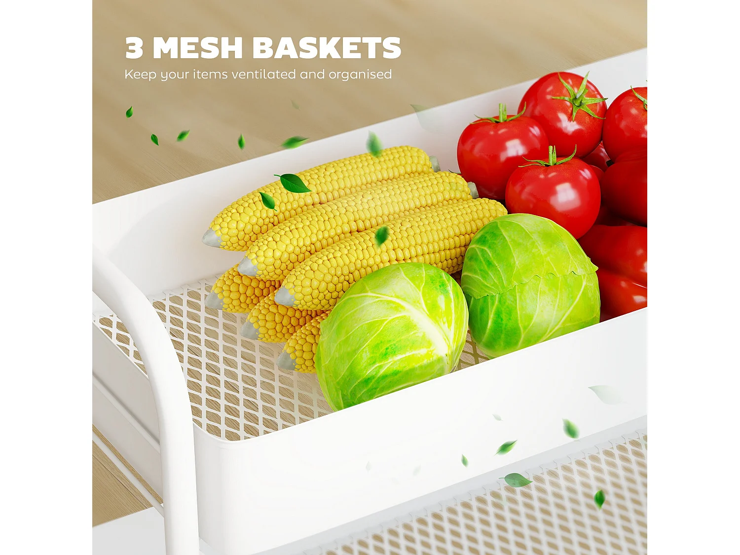 Saseta Sosa 3 Tier White Metal Rolling Utility Trolley with Mesh Baskets