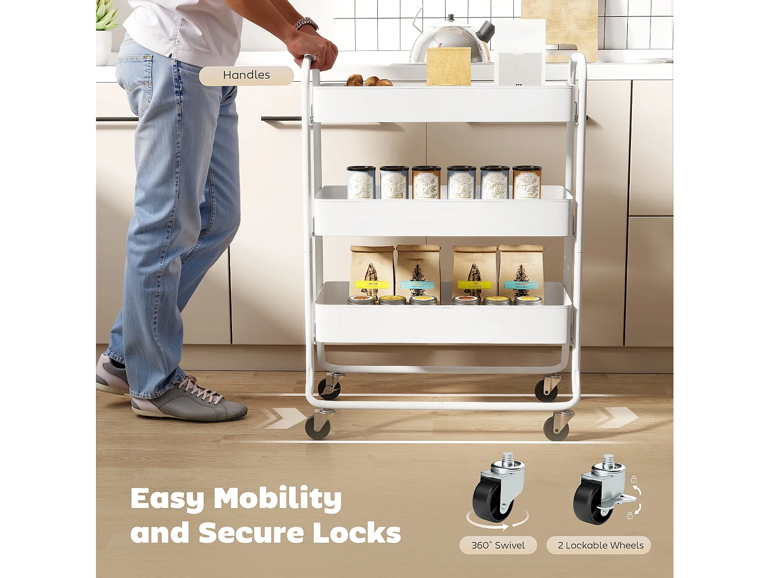 Saseta Sosa 3 Tier White Metal Rolling Utility Trolley with Mesh Baskets