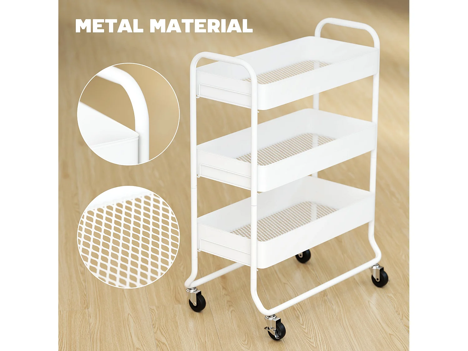 Saseta Sosa 3 Tier White Metal Rolling Utility Trolley with Mesh Baskets