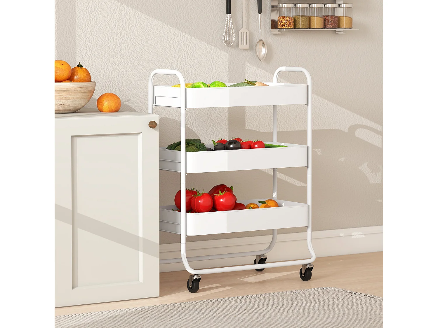 Saseta Sosa 3 Tier White Metal Rolling Utility Trolley with Mesh Baskets