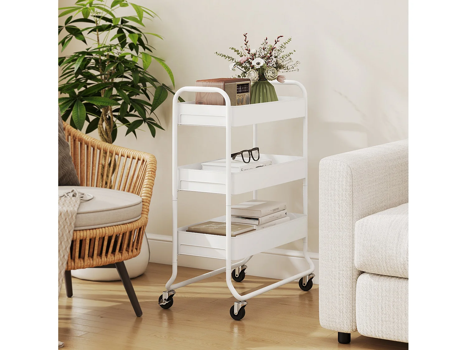 Saseta Sosa 3 Tier White Metal Rolling Utility Trolley with Mesh Baskets