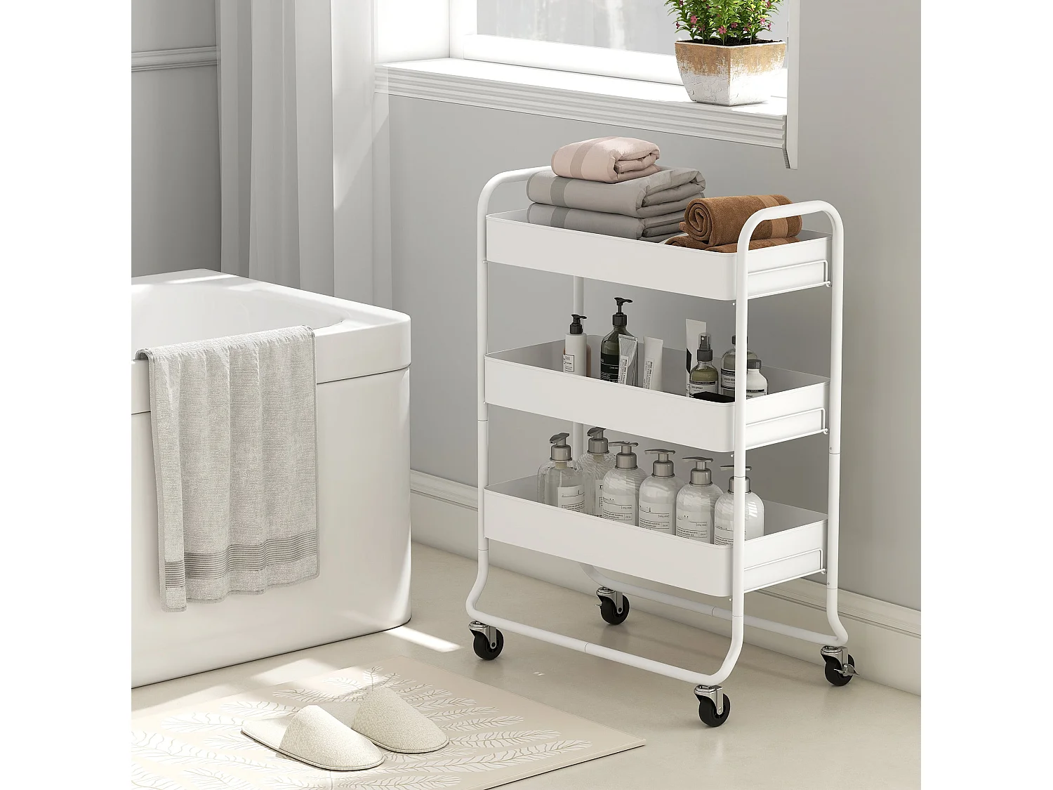 Saseta Sosa 3 Tier White Metal Rolling Utility Trolley with Mesh Baskets