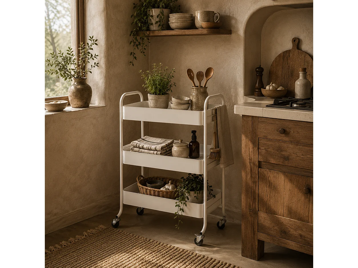 Saseta Sosa 3 Tier White Metal Rolling Utility Trolley with Mesh Baskets