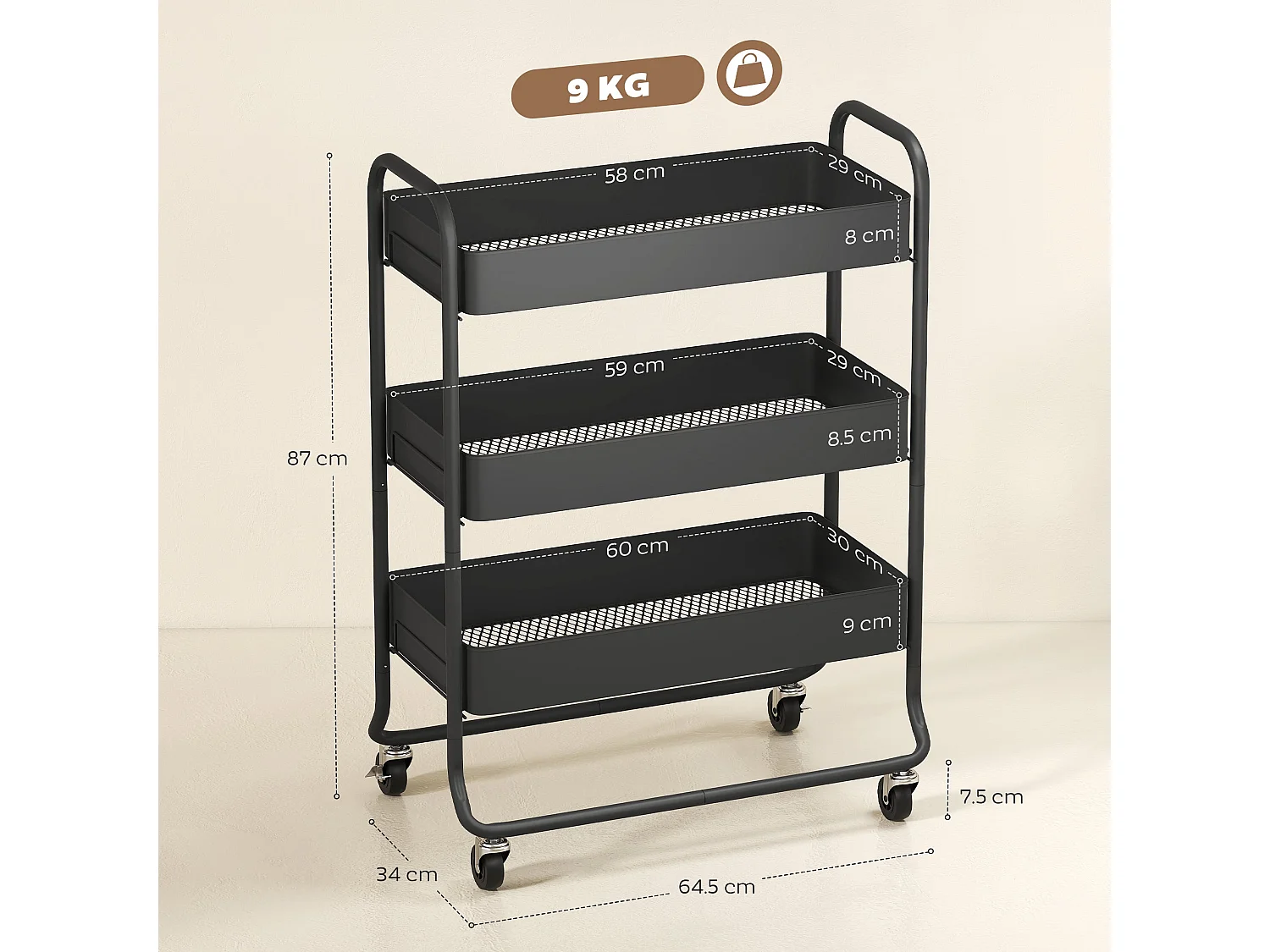 Rakemi 3 Tier Black Rolling Utility Trolley with Mesh Baskets