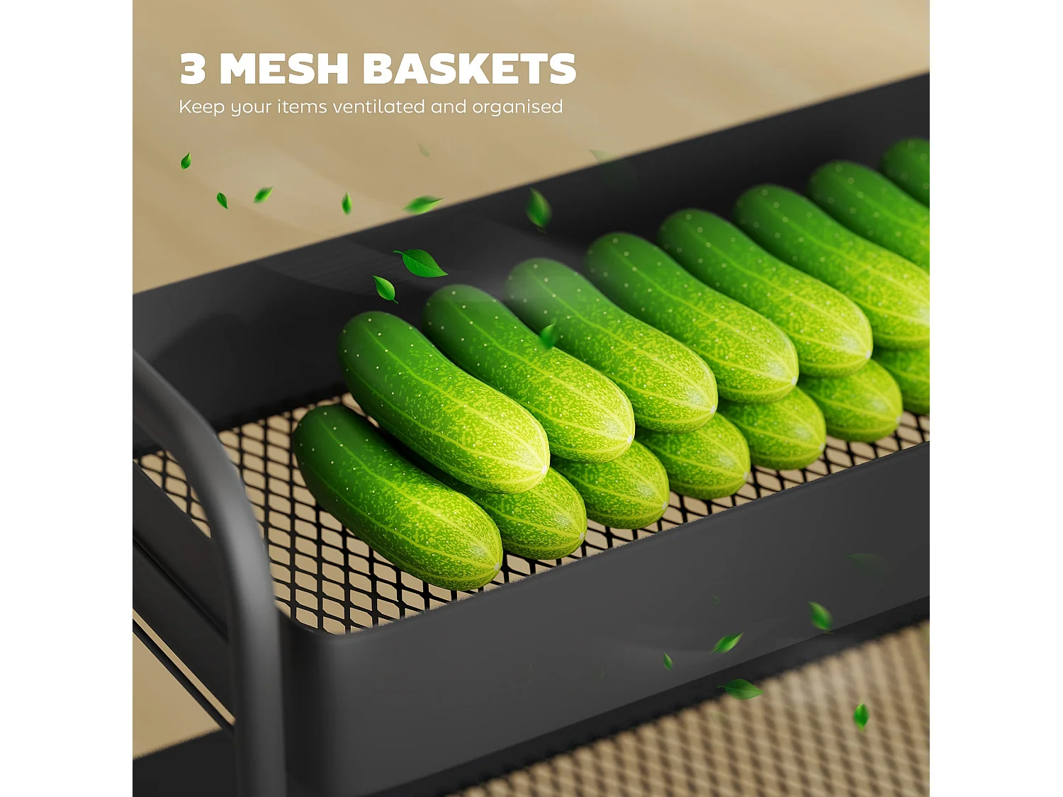 Rakemi 3 Tier Black Rolling Utility Trolley with Mesh Baskets