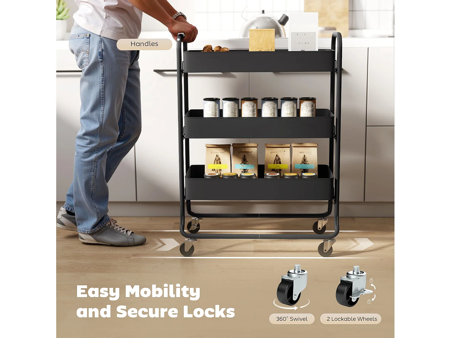 Rakemi 3 Tier Black Rolling Utility Trolley with Mesh Baskets