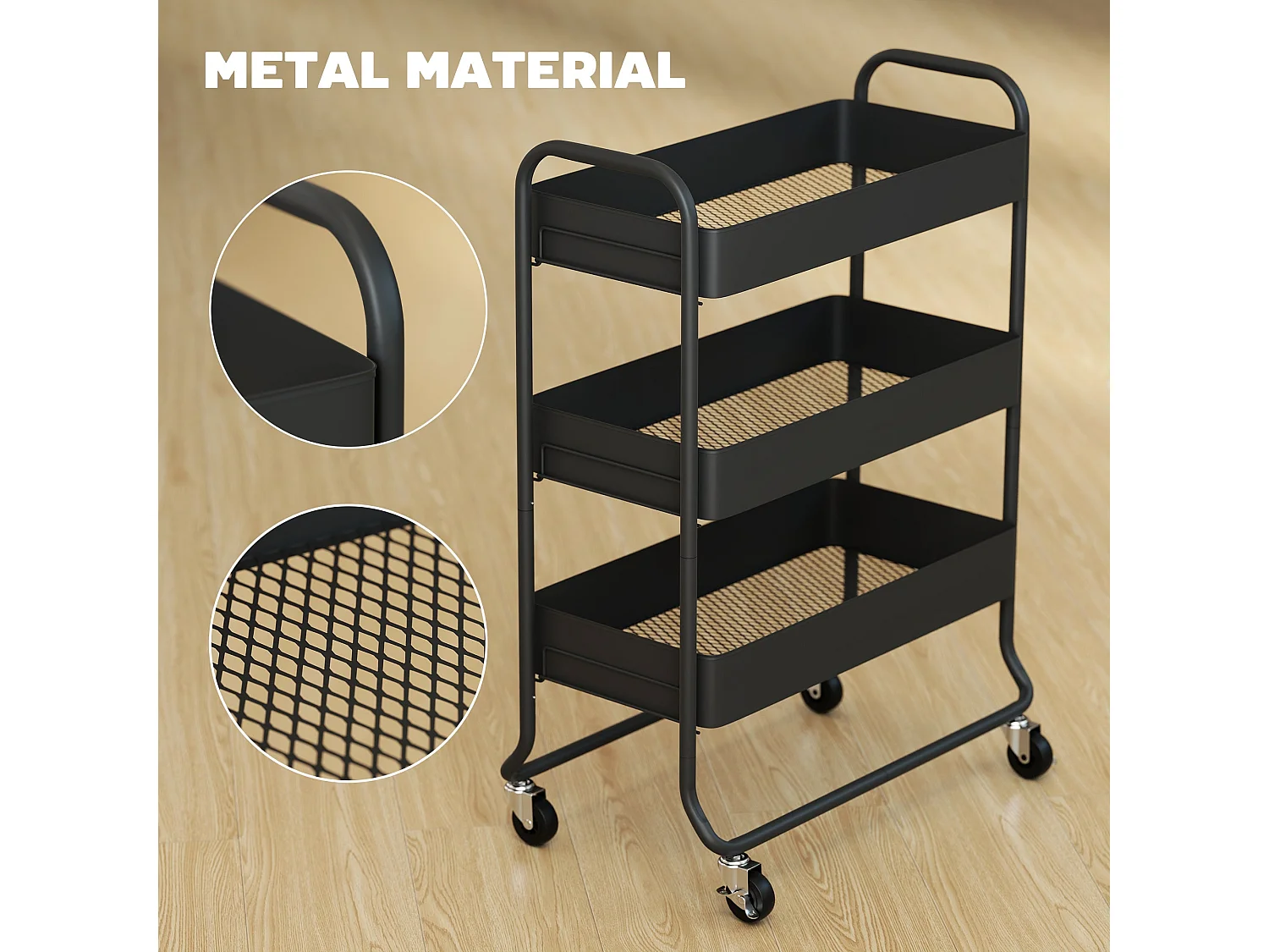Rakemi 3 Tier Black Rolling Utility Trolley with Mesh Baskets
