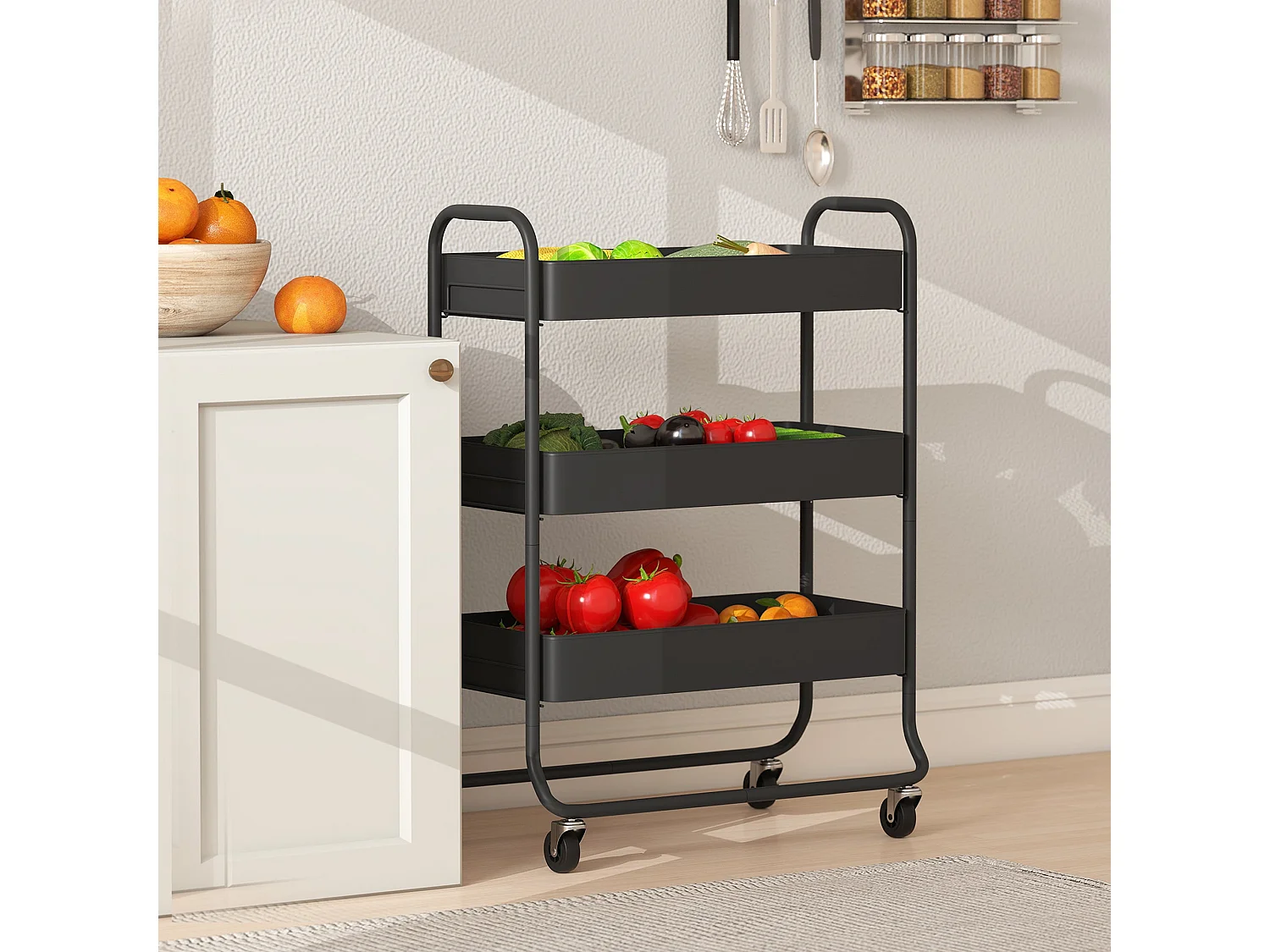 Rakemi 3 Tier Black Rolling Utility Trolley with Mesh Baskets