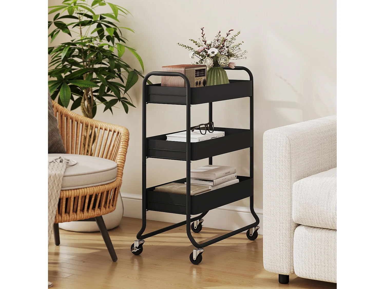 Rakemi 3 Tier Black Rolling Utility Trolley with Mesh Baskets