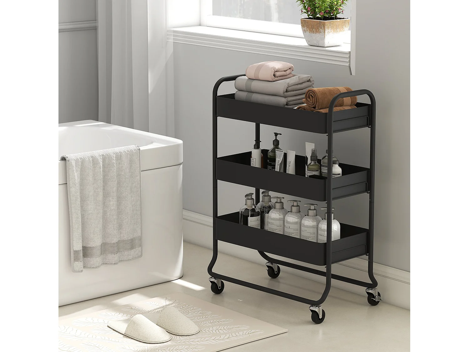 Rakemi 3 Tier Black Rolling Utility Trolley with Mesh Baskets