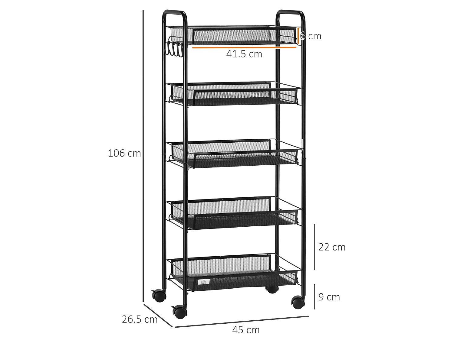 Velu 5 Tier Black Steel Storage Trolley with Wheels