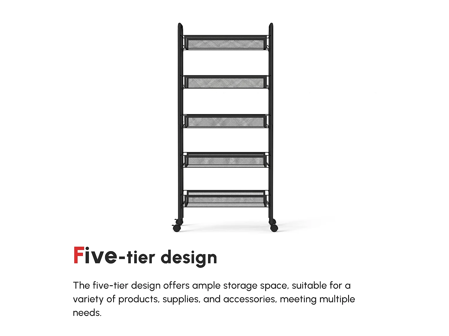Velu 5 Tier Black Steel Storage Trolley with Wheels