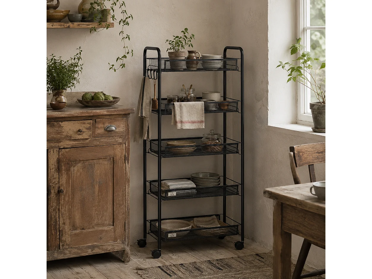 Velu 5 Tier Black Steel Storage Trolley with Wheels