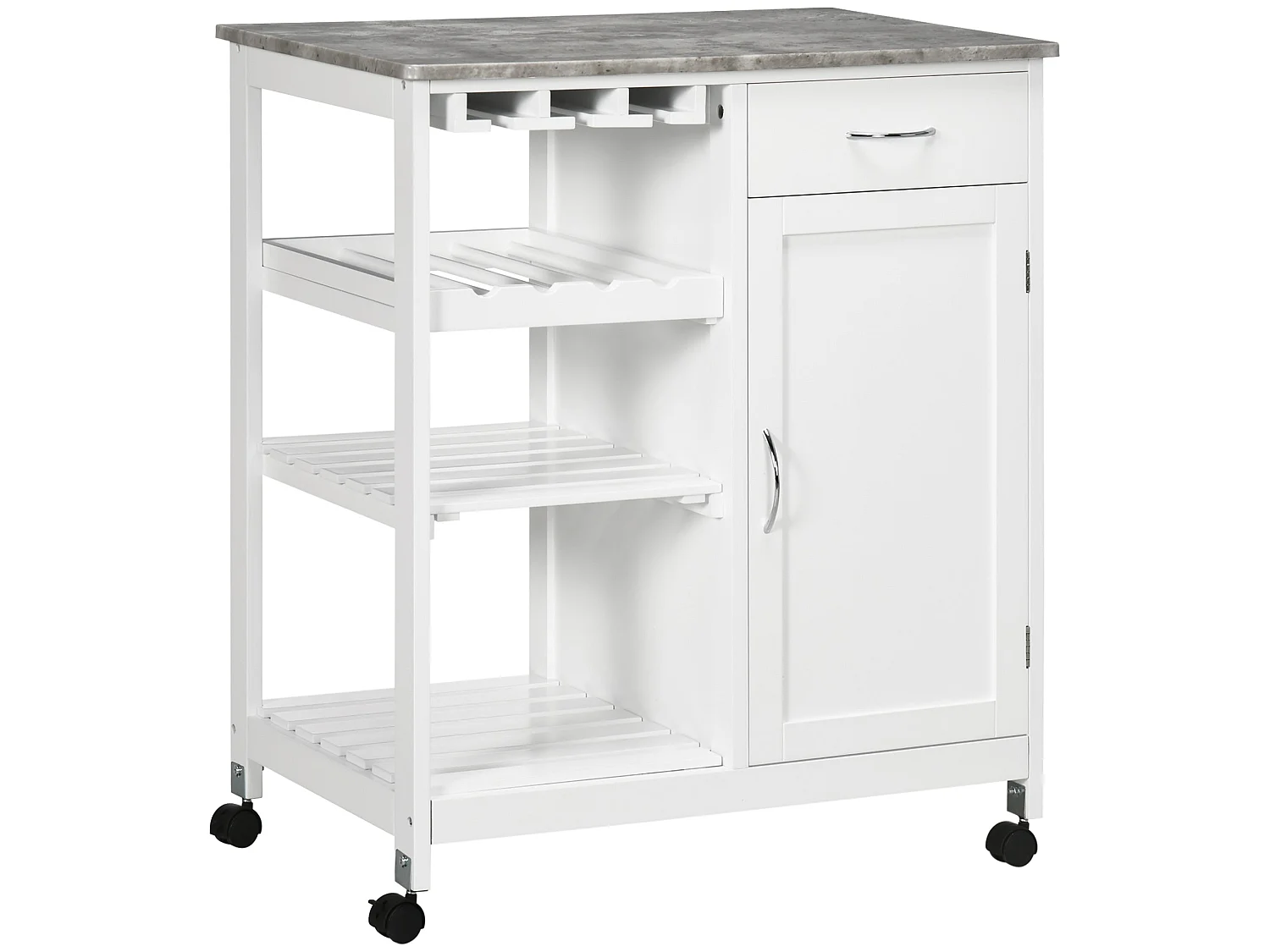 Sohavi White Kitchen Trolley with Marble Effect Top Wine Rack and Drawer