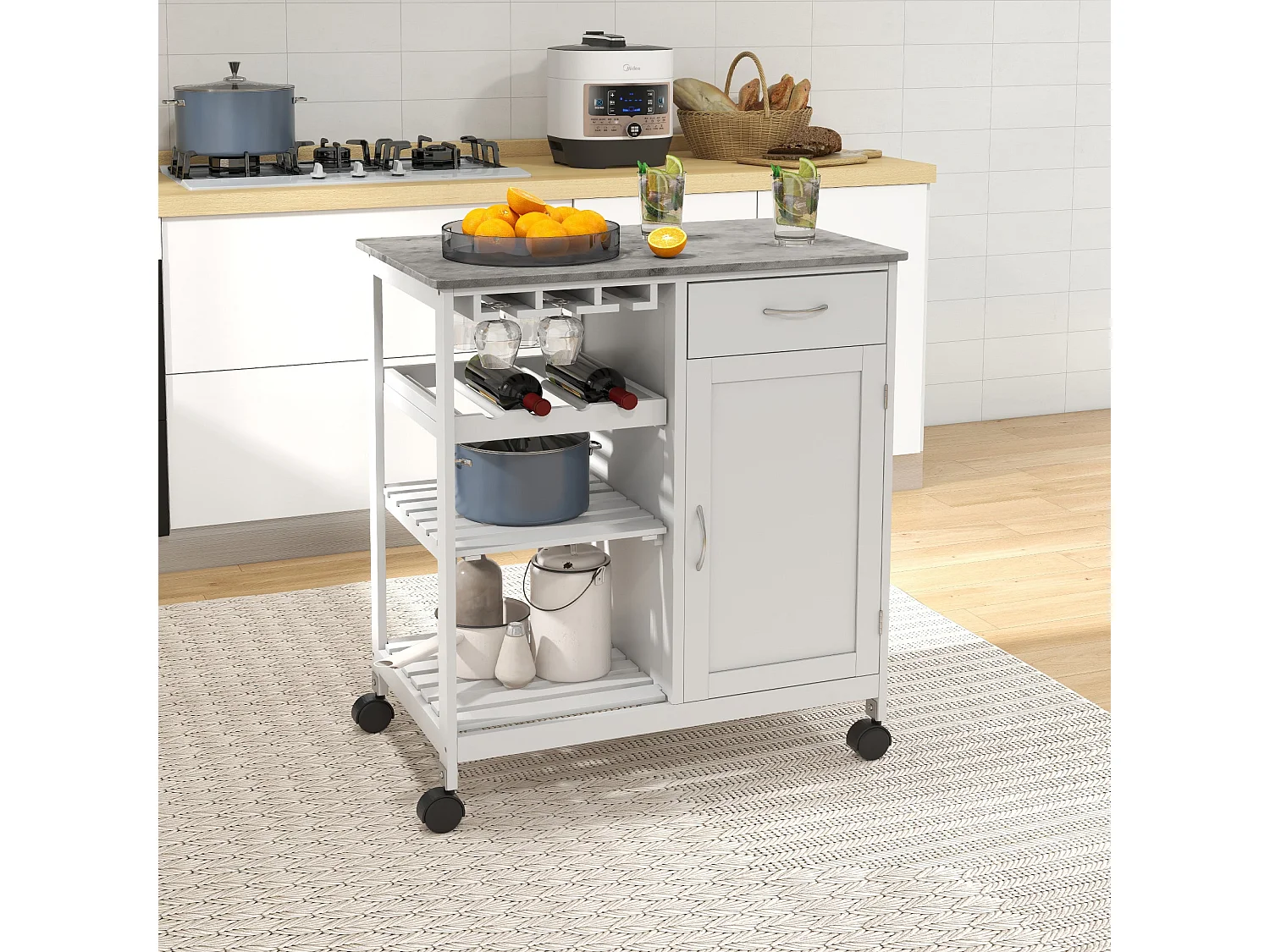 Sohavi White Kitchen Trolley with Marble Effect Top Wine Rack and Drawer